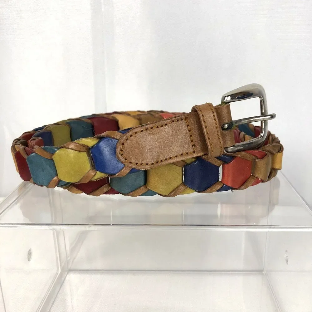 Tan Brown Multicolor Interlocking Loop Women's Belt Genuine Leather Size XL